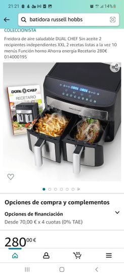 Freidora de aire saludable DUAL CHEF Sin aceite 2 recipientes  independientes XXL 2 recetas listas a la vez 10 menús Función horno Ahorra  energía Recetario 280€ 014000195 : : Hogar y cocina