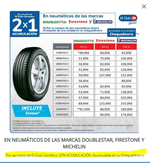 2x1 en Neumaticos Doublestar, Firestone, Michelin Incluye Ecotasa Chollometro