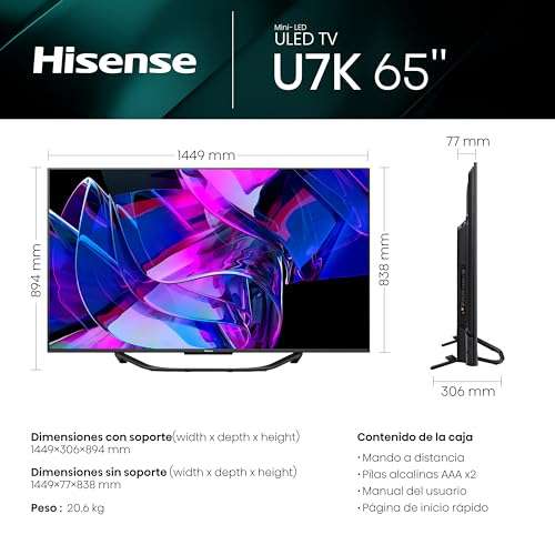 TV HISENSE 65U7KQ (Mini LED - ULED 4K - 65'' - 164 cm - Smart TV) + 100€ CUPÓN {P. CON CUPÓN 649€} + 1 Año FILMIN