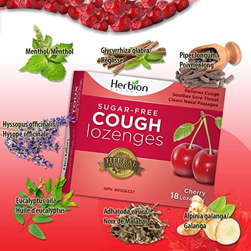 Herbion Naturals Pastillas para la tos sin azúcar con sabor natural a cereza, 18 pastillas