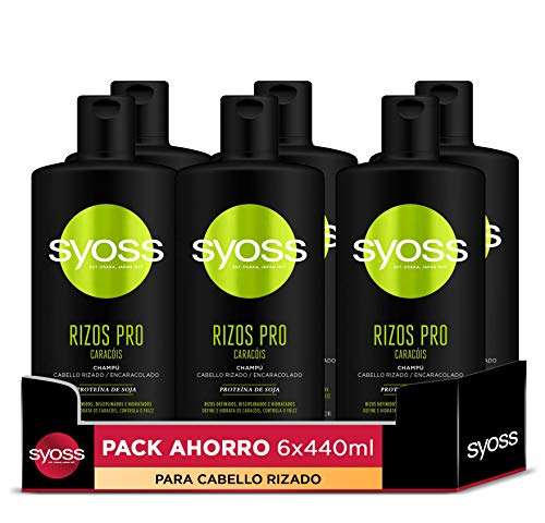 Syoss Rizos Pro Champú cabello rizado y ondulado (6 x 440 ml), ingredientes naturales, efecto anti frizz, apto método curly [Unidad 2'27€]