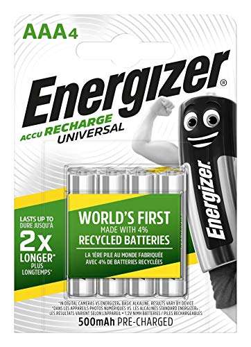 Energizer - Recargables, Pack de 4 pilas AAA 500 mAh, precargada, para dispositivos uso frecuente y cientos de recargas, Color Plata