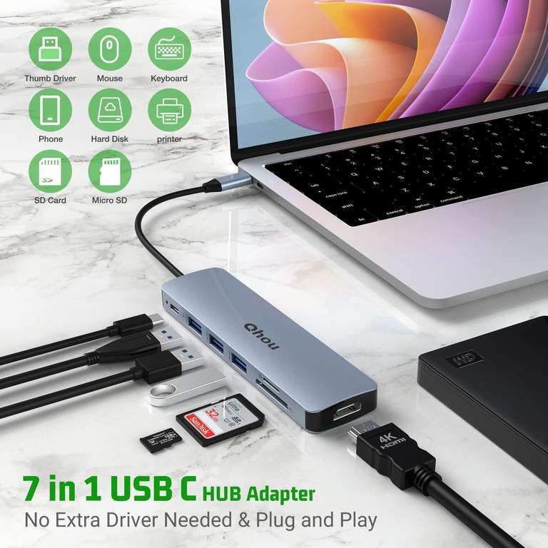 Hub USB C Adaptador Multipuerto, 7 in 1 Hub USB C con 4K HDMI, 5 Gbps Hub USB 3.0