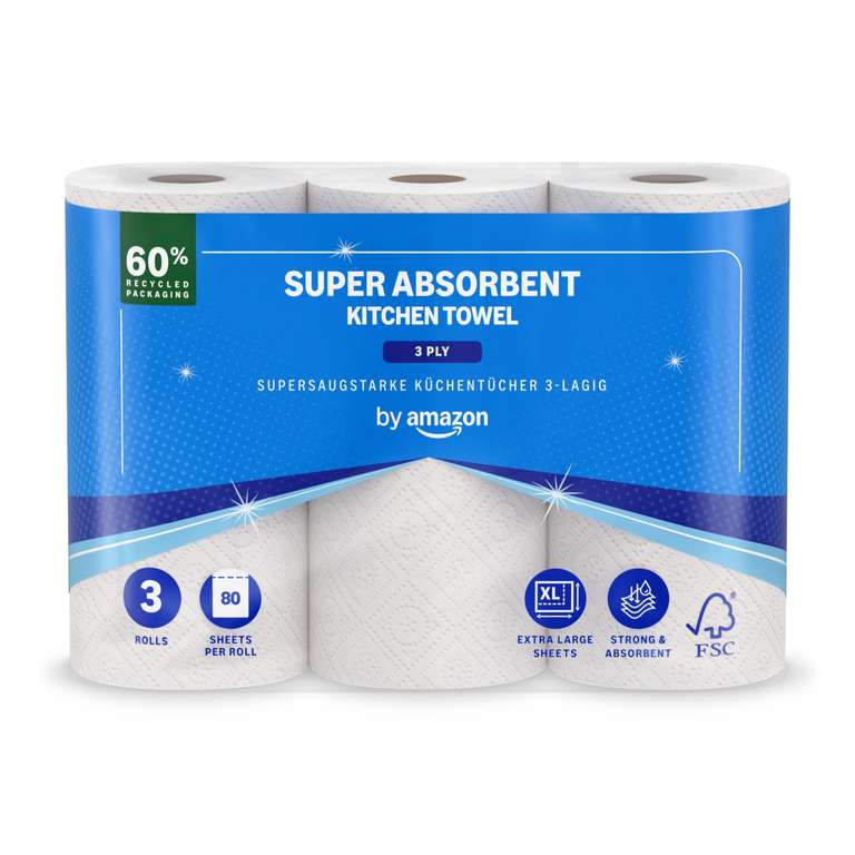 by Amazon Papel de Cocina Superabsorbente, 3 Capas, 3 Rollos (1 Paquete de 3), 80 Hojas por Rollo, Certificado FSC