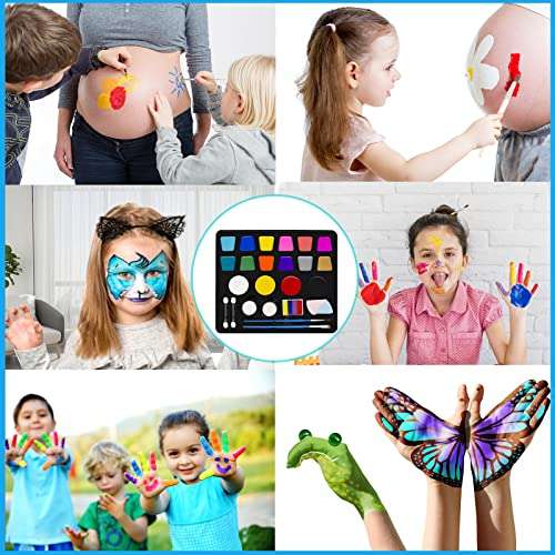 Pinturas Cara para Niños 17 Colores, 31PCS Kit Maquillaje Carnaval con Formas de Plantilla y Pegatinas de Diamantes , No Tóxica, Lavable