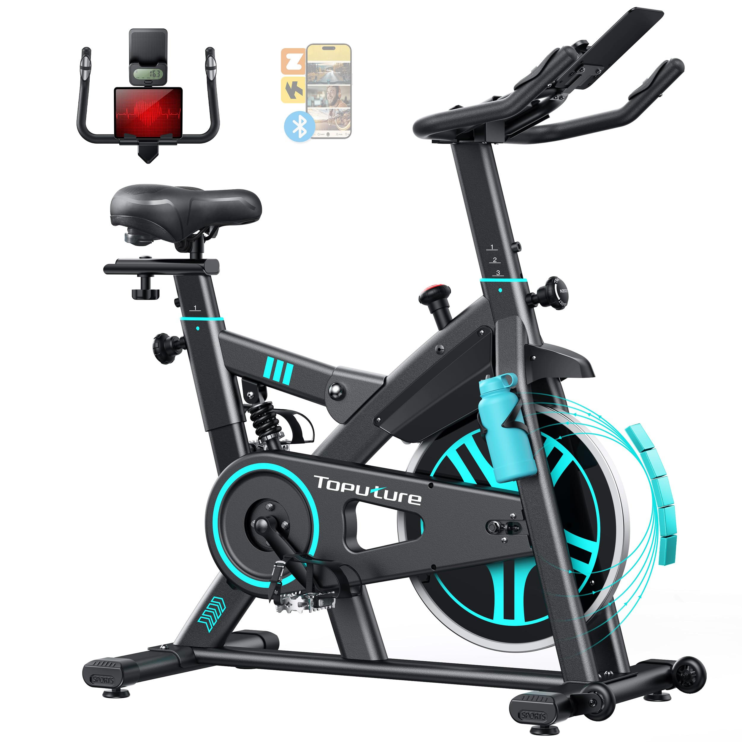 TOPUTURE Bicicleta Estática Silenciosa para Casa con APP y Amortiguación, Pulsómetro, Botellero, Soporte (Máx 160KG) (LEER DESCRIPCIÓN)