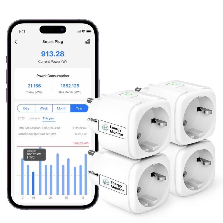 Enchufe Inteligente WiFi con Medición de Consumo y Temporizador, 16A Tomada Inteligente Compatible con Alexa y Google Home