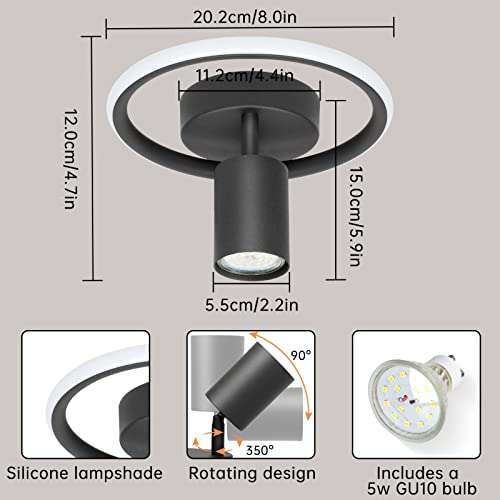 Ketom Moderna Lámpara de Techo LED Negra, 17W Plafón LED Techo