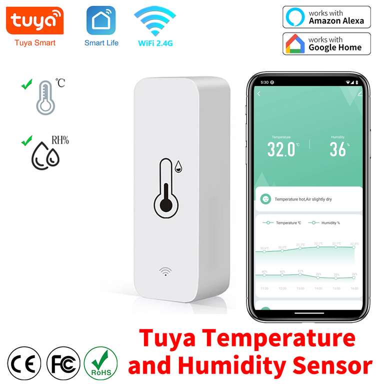 Tuya-Sensor inteligente de temperatura y humedad, Monitor remoto con aplicación WiFi para el hogar, compatible Google y Alexa