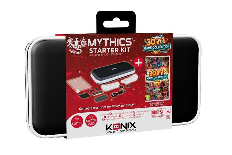 Konix Mythics Starter Pack gaming Nintendo Switch, Switch Lite y Switch OLED Colección de 30 juegos Vol. 1Funda Vidrio templado Auriculares