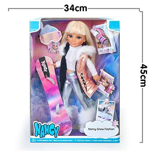 Nancy - Snow Fashion, un día en la nieve, muñeca esquiadora de pelo rubio y mechas rosas, una tabla de snowboard y outfit glam plateado.