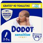Dodot Pañales Bebé Sensitive Talla 1 (2-5 kg), 276 Pañales + 1 Pack de 40 Toallitas Gratis Aqua Plastic Free [0'16€/ud]