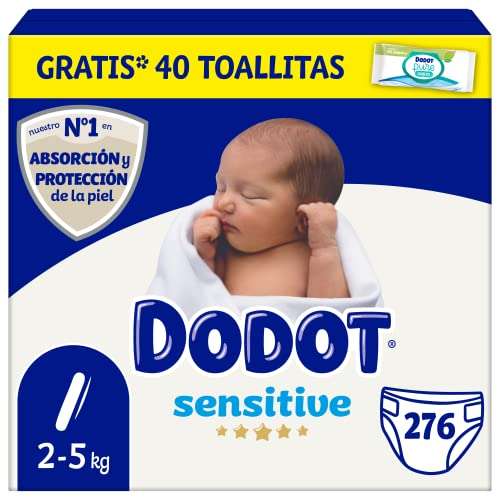 Dodot Pañales Bebé Sensitive Talla 1 (2-5 kg), 276 Pañales + 1 Pack de 40 Toallitas Gratis Aqua Plastic Free [0'16€/ud]