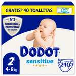 Dodot Pañales Bebé Sensitive Talla 2 (4-8 kg), 240 Pañales + 1 Pack de 40 Toallitas Gratis Cuidado Total Aqua [0'14€/ud]
