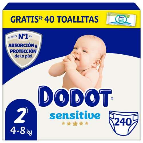 Dodot Pañales Bebé Sensitive Talla 2 (4-8 kg), 240 Pañales + 1 Pack de 40  Toallitas Gratis Cuidado Total Aqua [0'14€/ud] » Chollometro