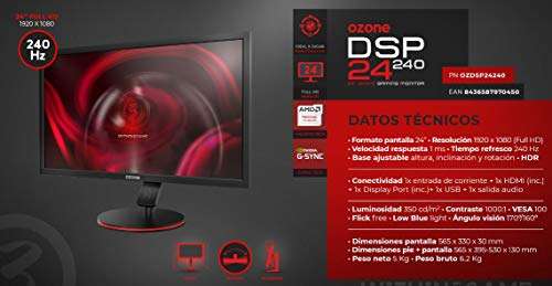 Ozone DSP24 240 Monitor Gaming, Full HD, 24", 1ms, 240hz, Freesync, HDR, HDMI, Negro