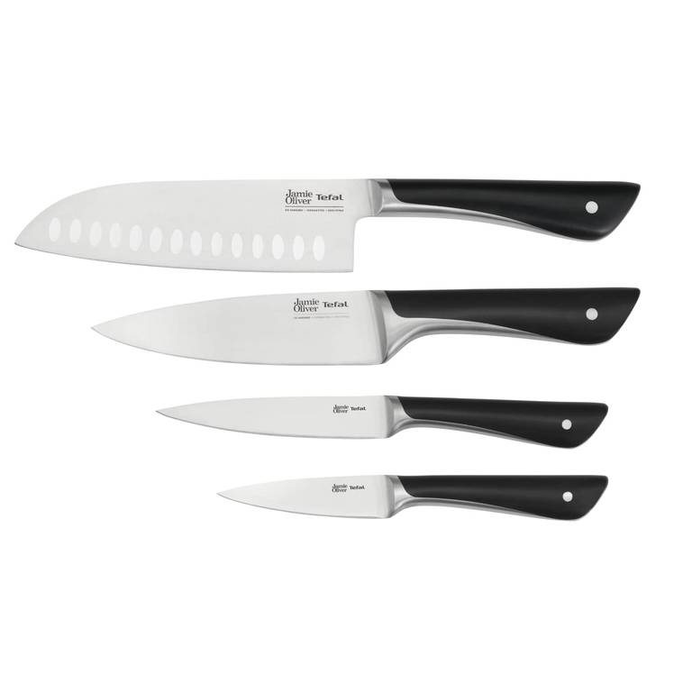 Tefal Jamie Oliver – Juego de 4 Cuchillos: Santoku 16,5 cm, Chef 15 cm, Universal 12 cm y Pelador 9 cm, Acero Inoxidable
