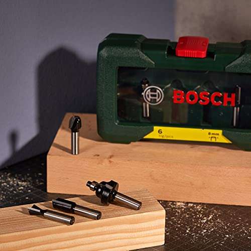 Bosch Set de 6 fresas de metal duro (para madera, vástago de 8 mm, accesorios para fresadora)