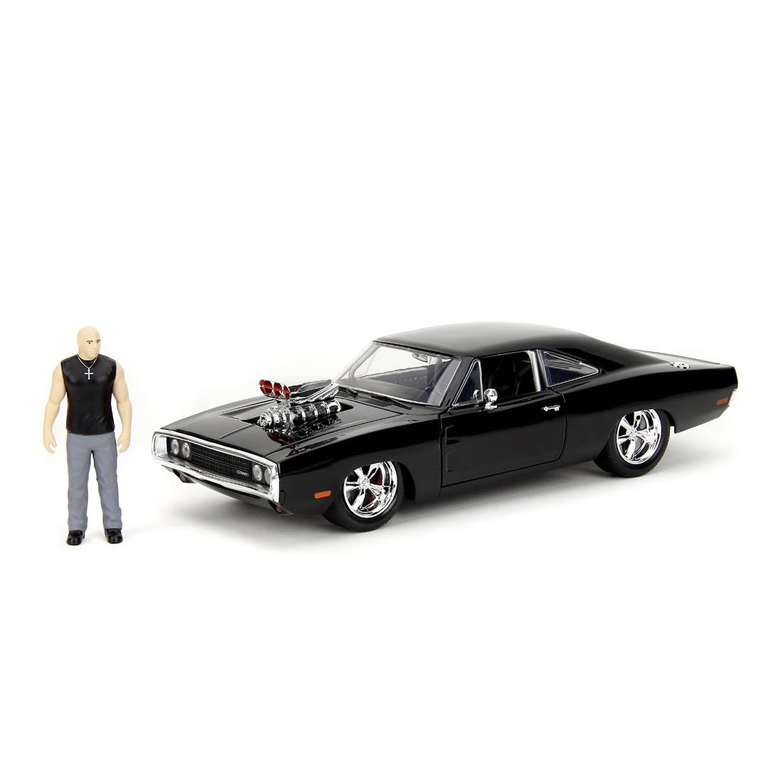 Fast & Furious Coche Dodge Charger 1970, Escala 1:24, 19 cm, con Figura de Dominic Toretto 8 cm, Modelo metálico con Partes abatibles