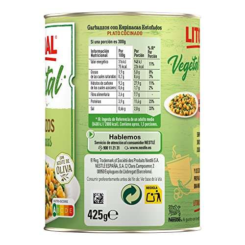 Litoral Vegetal Garbanzos con Espinacas - Plato Preparado Sin Gluten - Pack de 10x425g