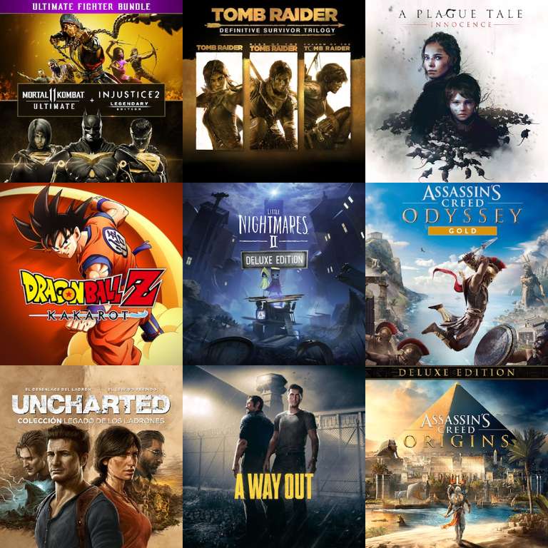 MK 11 Ultimate + Injustice 2, Saga (Tomb Raider, Little Nightmares, Assassin's Creed), Uncharted, A Way Out, A Plague Tale, Dragon Ball