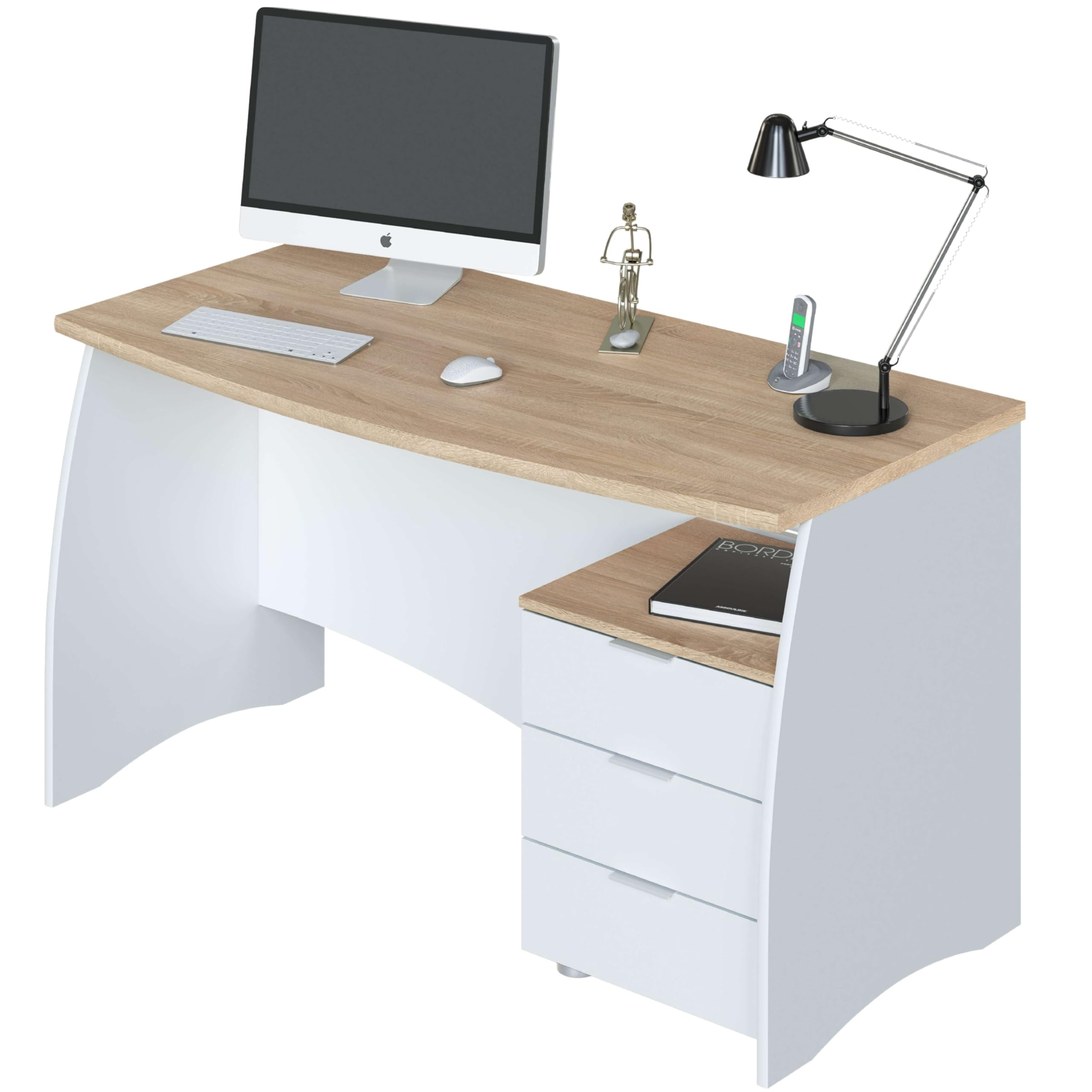 Escritorio con 3 Cajones,Modelo Stil, Acabado en Balnco Artik y Roble Canadian, Medidas: 136 cm (Ancho) x 67 cm (Fondo) x 74 cm (Alto)