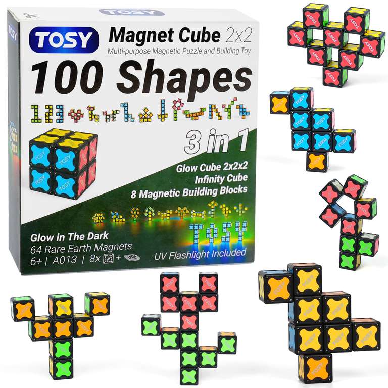 TOSY Magnet Cube 2x2 - 8 Bloques, Juguete 2 en 1: Rompecabezas magnético y Cubo Infinito, Brilla con luz UV, Linterna UV incluida