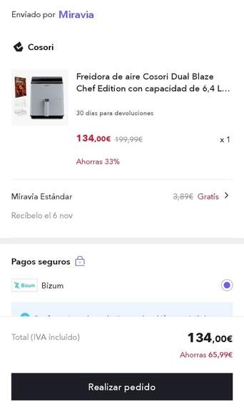Freidora de aire Cosori Dual Blaze Chef Edition de 6.4L 1700W por