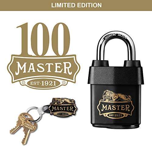 Master Lock 1921EURDCC Candado para exteriores de alta resistencia con logotipo de 100 años impreso, Negro, 97 x 54 x 32