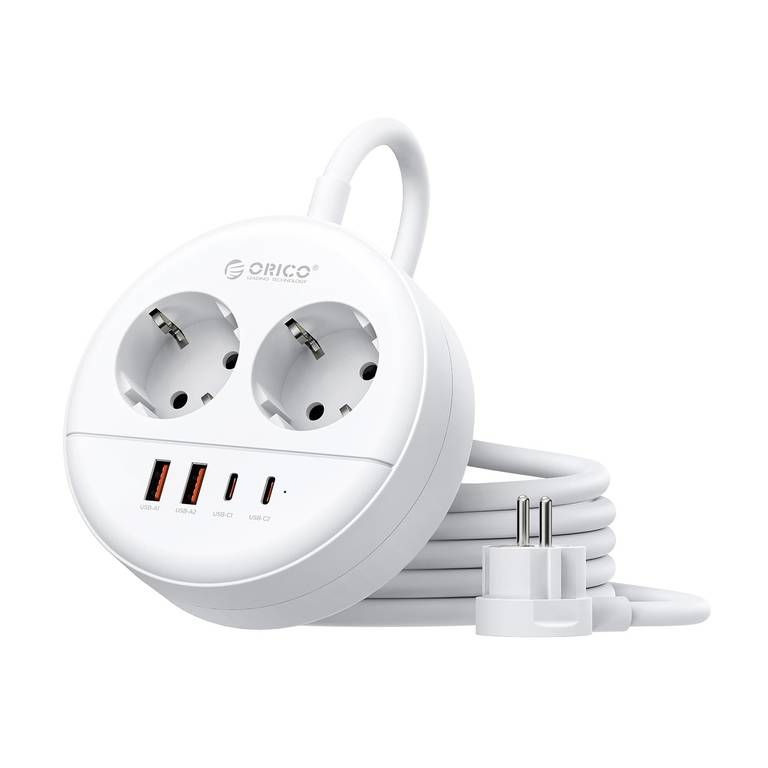 ORICO Regleta Enchufe Redonda, 2 Tomas CA, 2 USB-A, 2 USB-C 20W, 1,5m | Montaje pared (tornillos incluidos), ignífugo y ahorro de espacio.