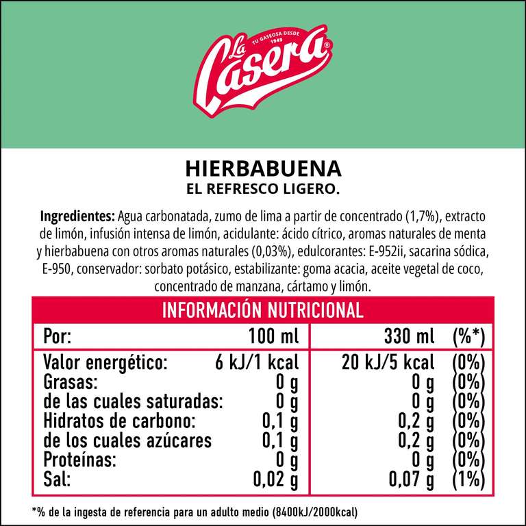 La Casera Refresco Ligero de Hierbabuena, con Cero Azúcares y Cero Calorías - Lata, Pack 24 x 33 cl [reembolso de 7.50]