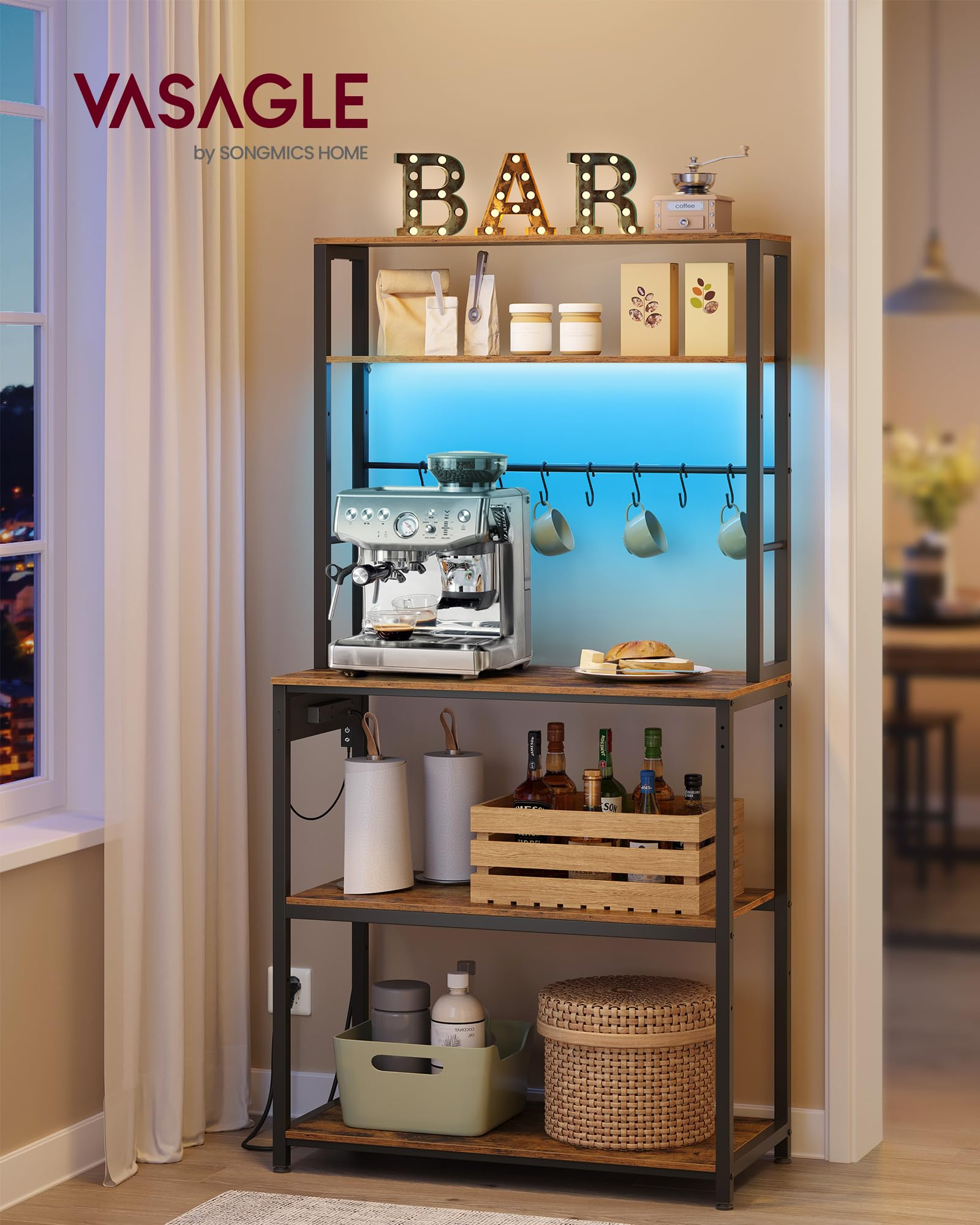 Estantería de Cocina con LED, para Microondas con Regleta, Estantes Ajustables, 8 Ganchos, 40 x 80 x 168,4 cm