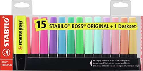Marcador STABILO BOSS ORIGINAL - Set de mesa con 9 colores fluorescentes y 6 colores pastel