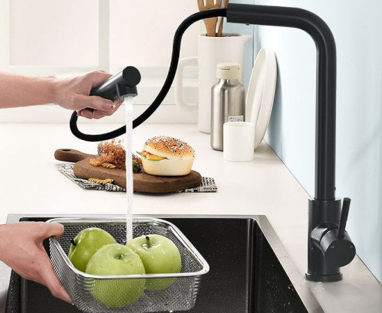Hiqufet Grifo de Cocina con Arco Alto y Brazo Extraíble, 2 Modos de Pulverización Giratorio 360°, Negro Mate o Cromado Pulido