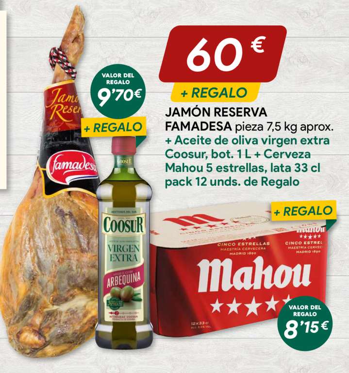 JAMÓN RESERVA FAMAFESA + Aceite de oliva coosur + Pack Mahou 12 latas en Supermercados Masymas
