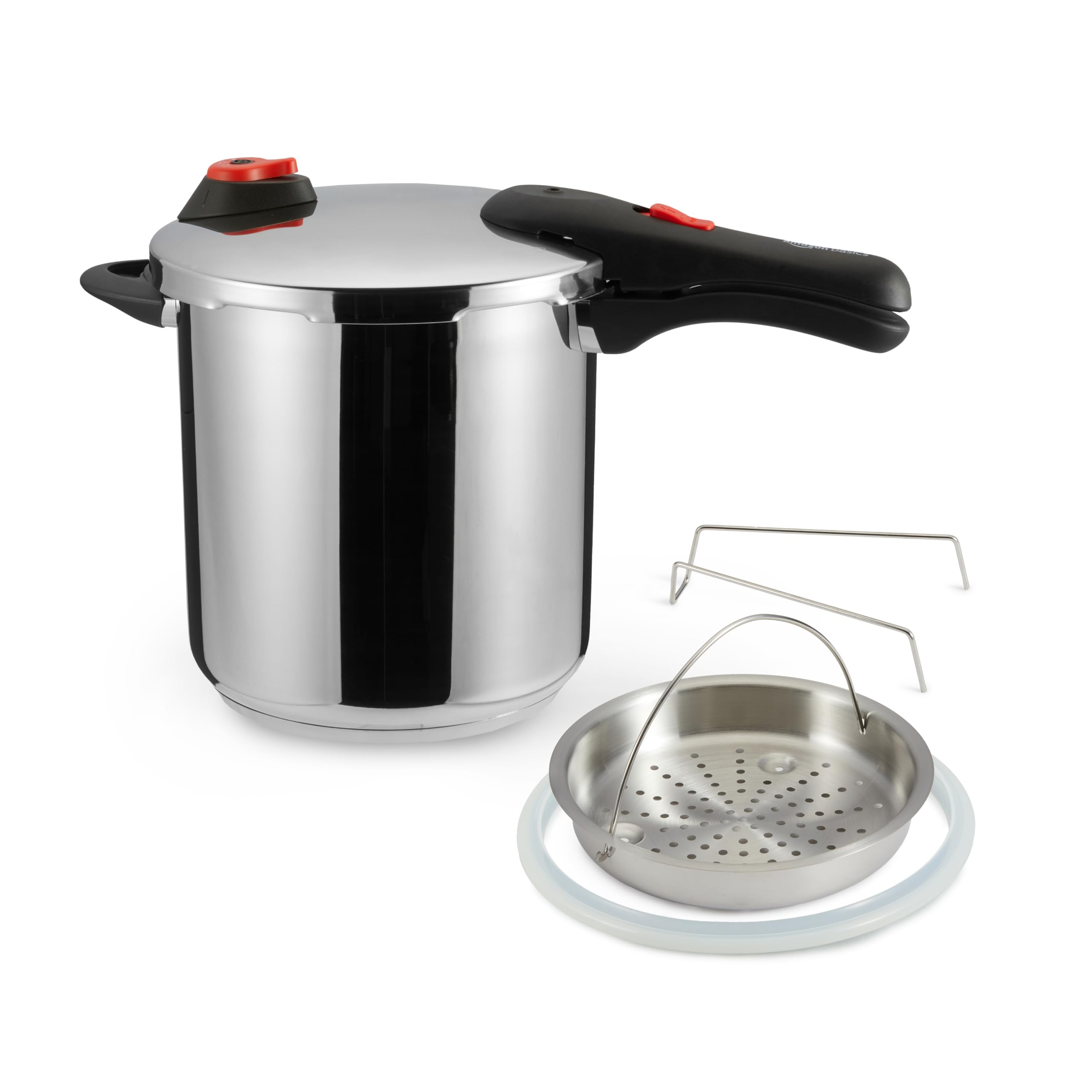 Olla a presión de Acero inoxidable con vaporera y anillo de silicona extra, 9 litros -Amazon Basics