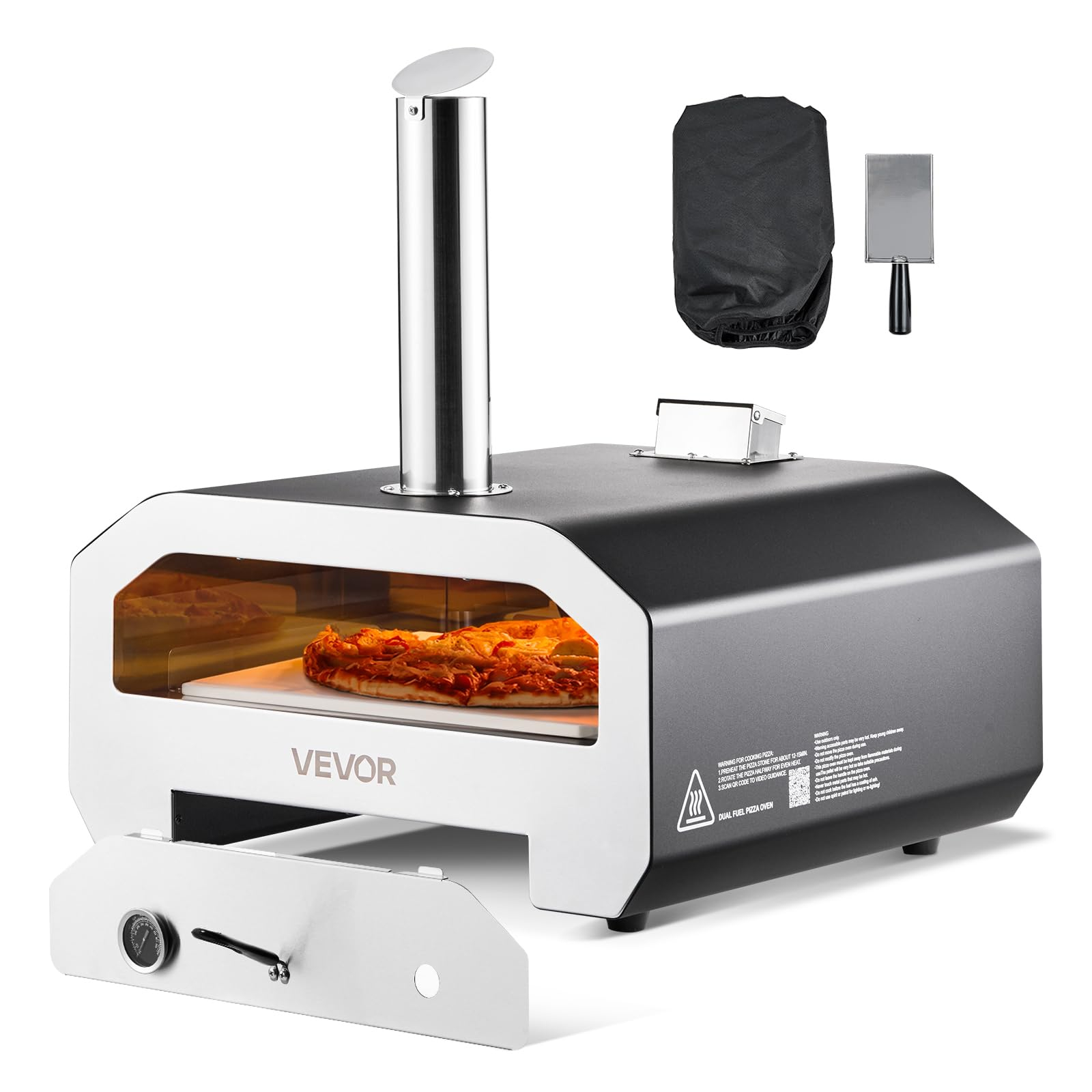 VEVOR Horno de Pizza para Exteriores, Temp. máxima 538 °C, de Gas Propano/Pellet/Carbón, con Termómetro y Rotación Eléctrica |Pala de Piedra
