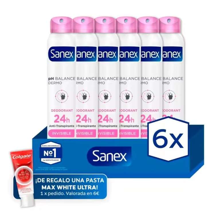 Desodorante spray Sanex pH Balance Dermo Invisible protección 24h 200ml. Pack 6 [ Nuevo Usuario 5.84€]