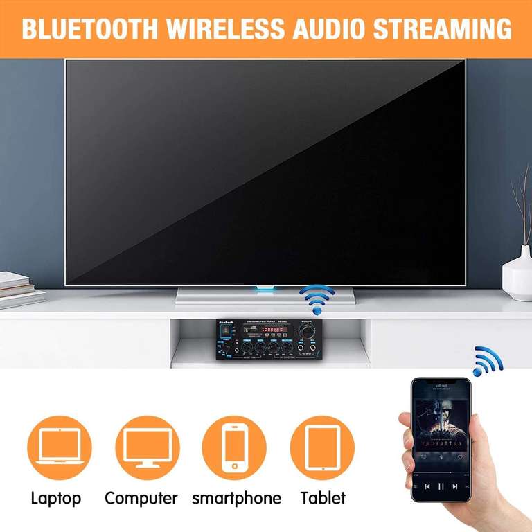 Amplificadores de audio Bluetooth inalámbricos, amplificador estéreo de 200 W, con USB, tarjeta SD, radio FM, control remoto, doble canal