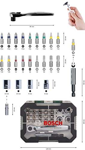 Bosch 26 uds. Set de puntas de atornillar y carraca (puntas PH, PZ, hexagonal, T, S, accesorios para taladro y destornillador)