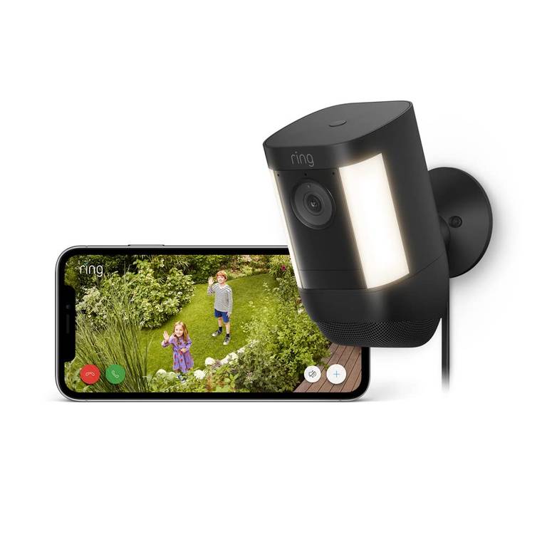 Ring cámara Pro con luces y enchufe (Spotlight Cam Pro Plug-In) | Cámara exterior con vídeo 2K, Ring Vision, detección de movimiento 3D