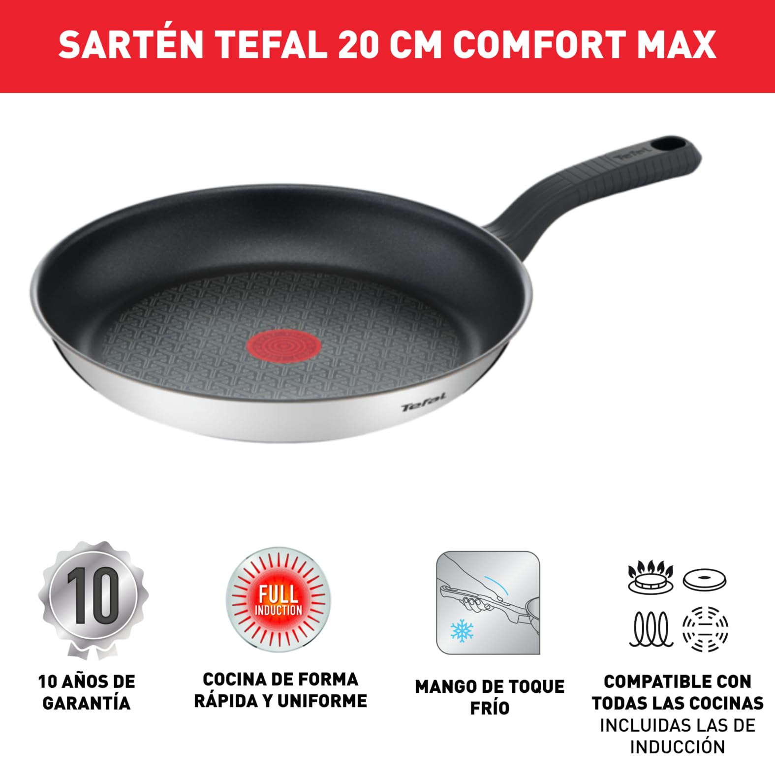 Sartén de 20 cm de Acero Inoxidable Tefal Comfort Max ¡Antiadherente de titanio, Thermo-Signal y apta para inducción !
