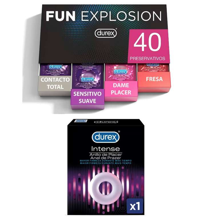 Durex - Lote Fun Explosion, Pack 40 Preservativos + Anillo de Placer para el Pene, Mayor Firmeza Más Tiempo
