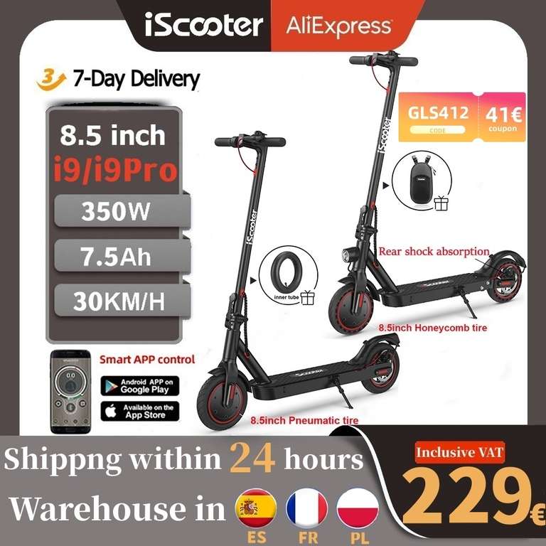 IScooter-patinete eléctrico i9/i9pro para adultos, 350W, 7,5 Ah, 8,5 pulgadas, 30 KM/H, envío gratis