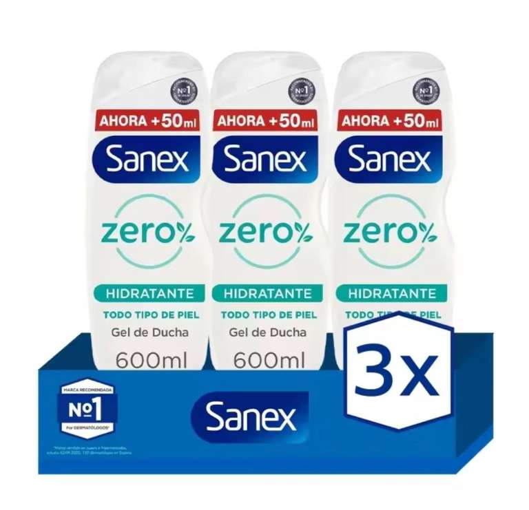 Gel de ducha o baño Sanex Zero% hidratante piel normal 600 ml. Pack 3 [ Nuevo Usuario 3,28€]