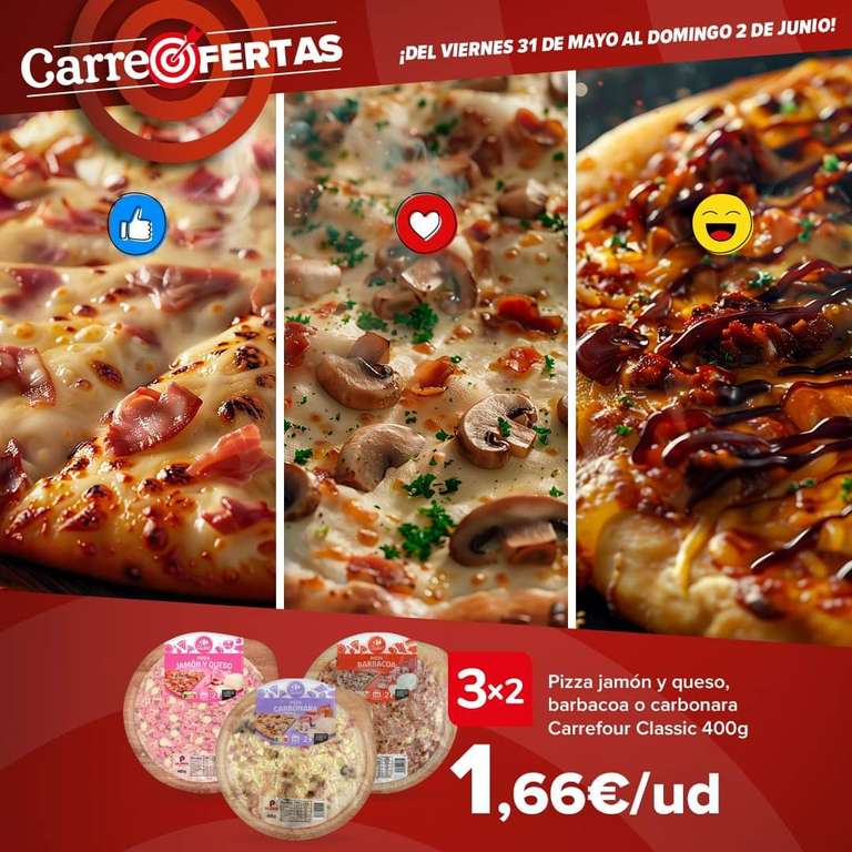 3X2 en pizzas Carrefour 400g (Jamon y Queso, Barbacoa o Carbonara)