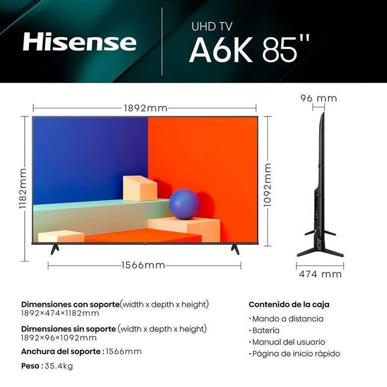 LED 4K SMART TV 85' HISENSE 85A6K (Incluye entrega e instalación + 3 meses filmin)