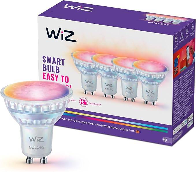 WiZ Foco Inteligente LED de cristal GU10, RGB, 50 W, 2200-6500 K, 345 lm, regulable, compatible con Alexa, Google y Apple, 4 ud.