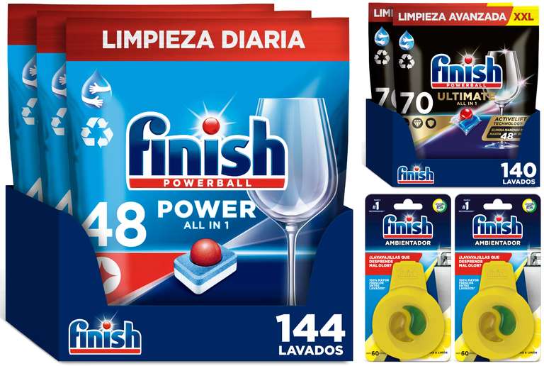 144x Pastillas Finish Powerball Power All in 1 + 140x Ultimate All in 1 + 2x Ambientadores Limón [40,65€ NUEVO USUARIO]