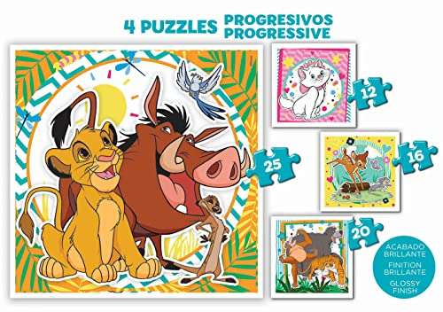Educa - Maleta Progresivos Disney Animals, 4 Puzzles progresivos de 12-16-20-25 Piezas Cada uno